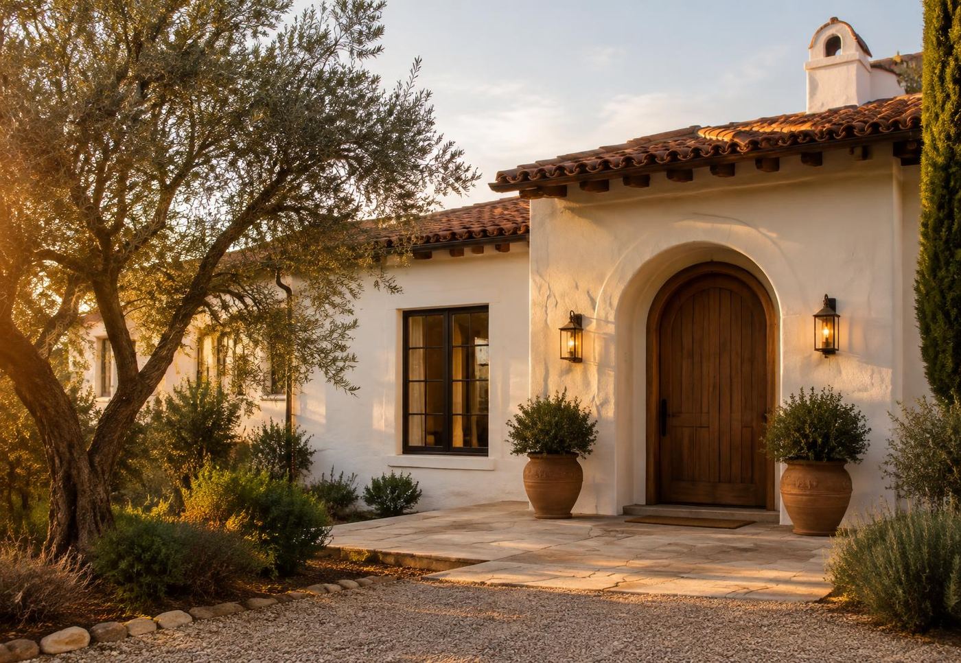 Warm stucco home with a terracotta roof and arched wooden doorway beside an olive tree