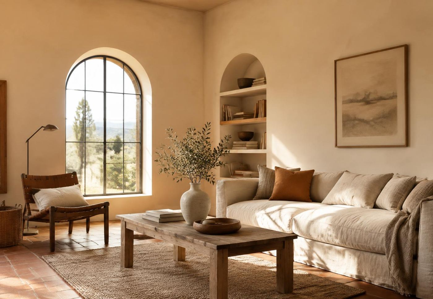 Sunlit living room with plaster walls, an arched window, and terracotta floor tiles